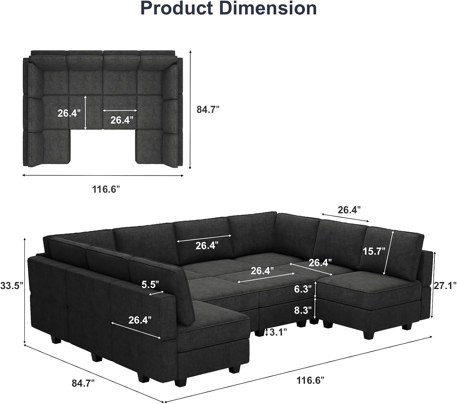 Belffin Oversized U Shaped Sofa Modular Sectional Couch Sleeper Sofa with Storage Convertible Sofa Set Large Sectional Sleeper Black