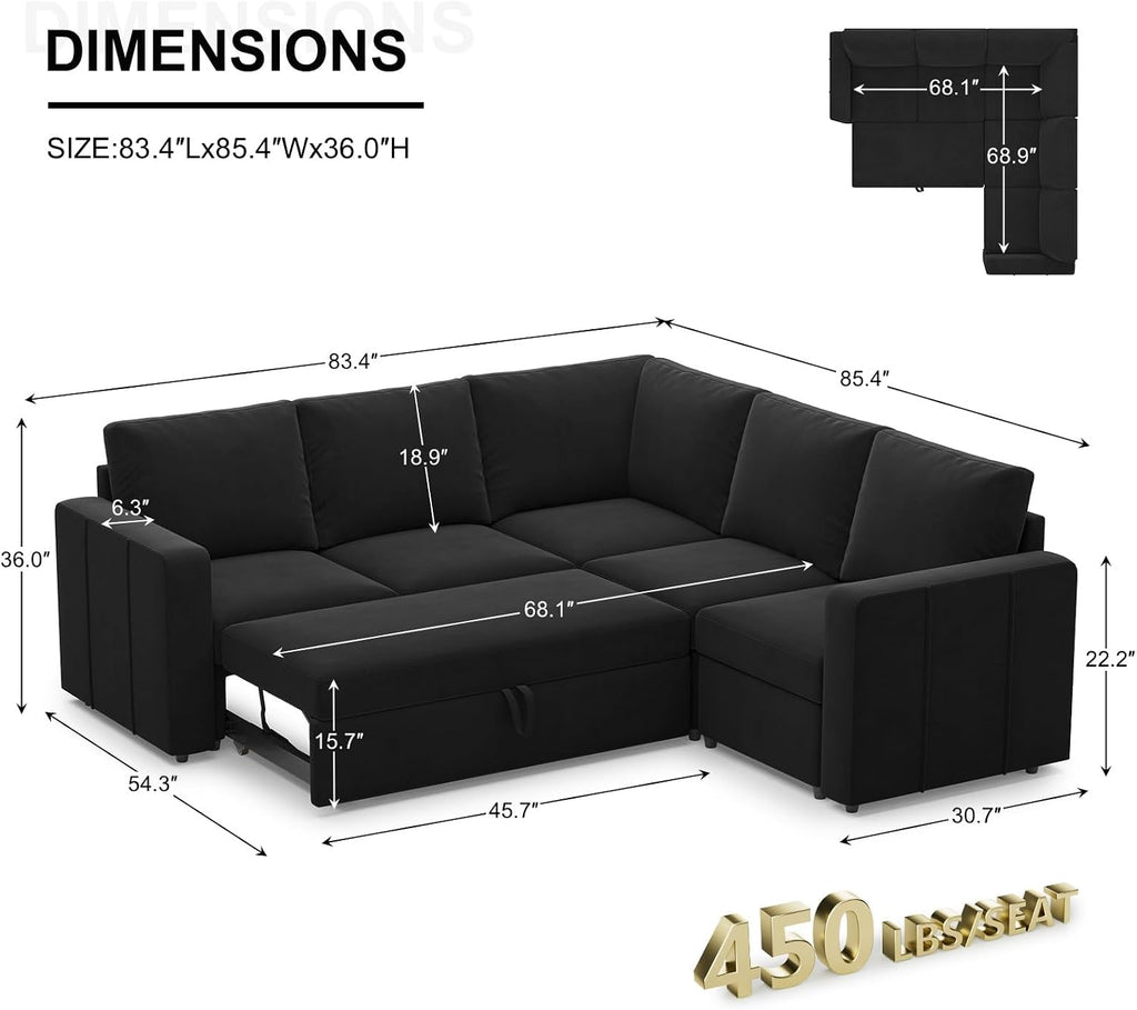 Belffin L Shape Modular Sectional Sleeper Sofa with Pull Out Bed Velvet Corner Sleeper Sofa Sectional Couch Convertible Sofa Black