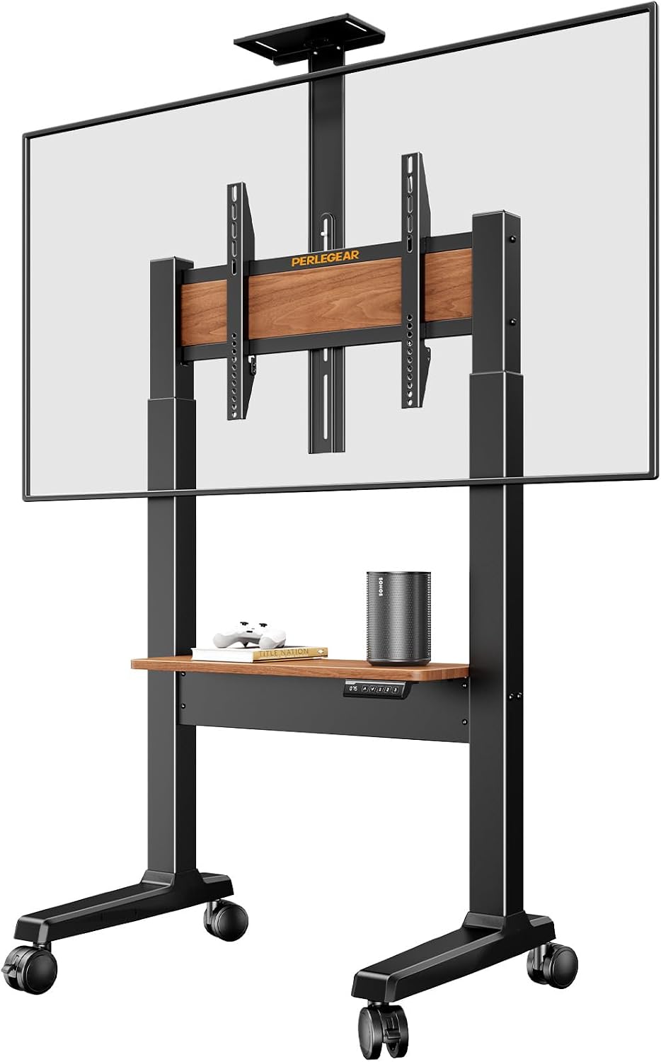 Perlegear Motorized Mobile TV Stand on Wheels for 37–86 Inch TVs up to 154 lbs, Electric Height Adjustable Rolling TV Stand, VESA 200x200–600x400mm, Wooden Shelf & Panel, PGTVMC26B
