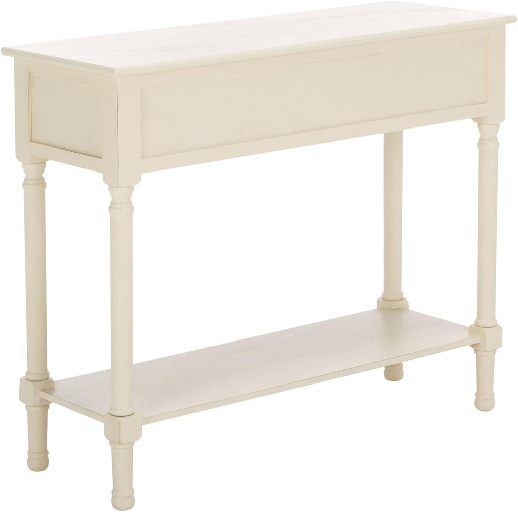 SAFAVIEH Home Collection – Tate Distressed White 2-Drawer Console Table with Shelf, Turned Leg Farmhouse Accent Console for Entryway or Living Room (CNS5720A)