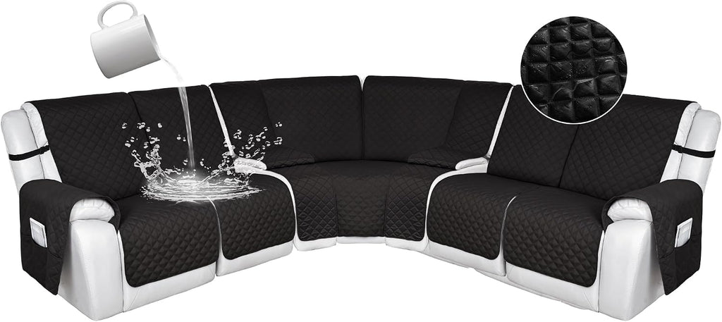 HDCAXKJ 100% Waterproof Reclining Sectional Couch Covers L Shape Recliner Sofa Cover Washable Quilted Soft Pet Dog Corner Recliner Slipcovers with Pockets (5 Seat and 2 Middle Console, Black)