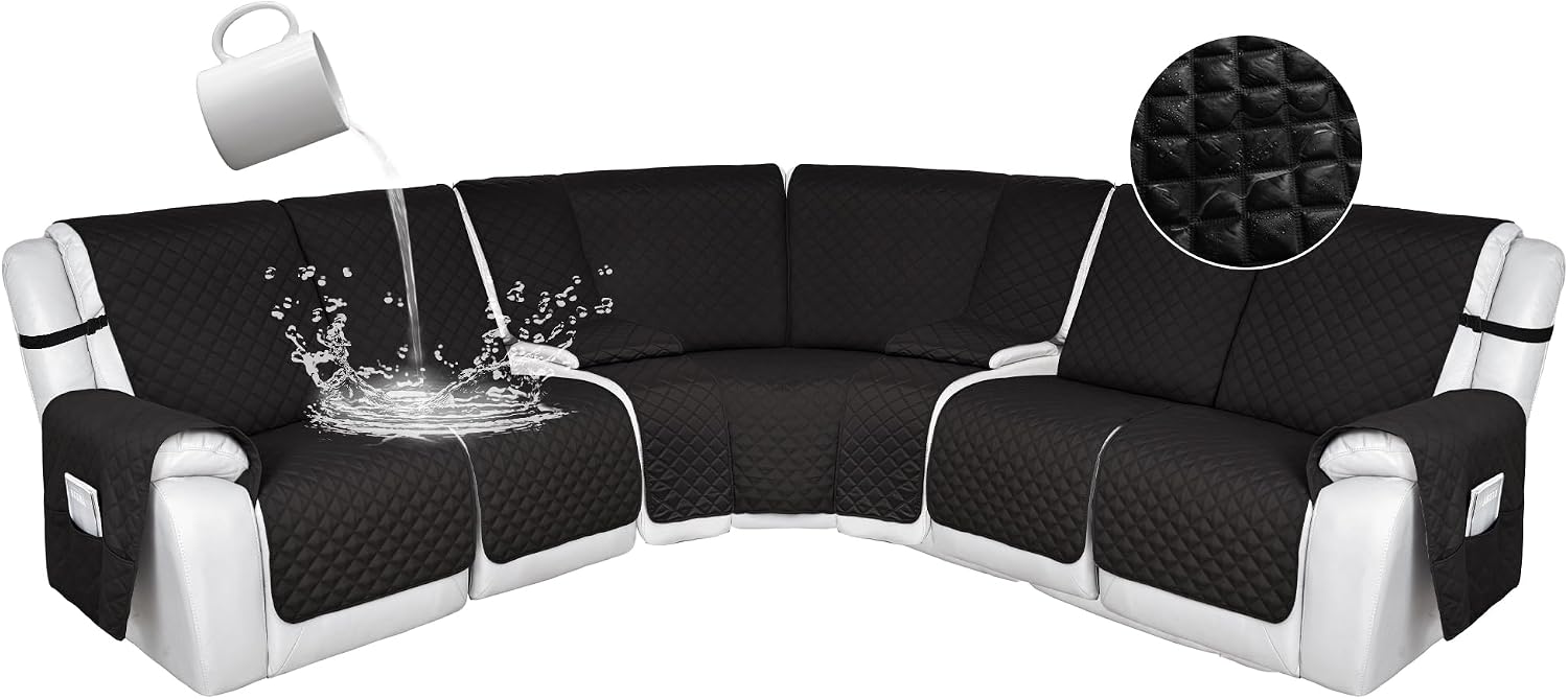 HDCAXKJ 100% Waterproof Reclining Sectional Couch Covers L Shape Recliner Sofa Cover Washable Quilted Soft Pet Dog Corner Recliner Slipcovers with Pockets (5 Seat and 2 Middle Console, Black)