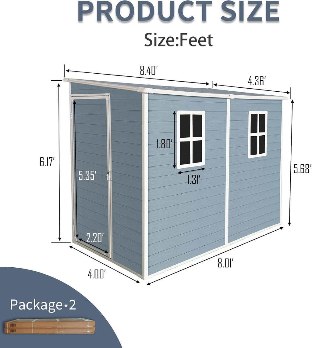 4x8 FT Outdoor Resin Storage Shed - Waterproof Garden Sheds with Lockable Double Doors,Windows and Floor for Lawn, Backyard, Patio, Tool Storage Use,Gray