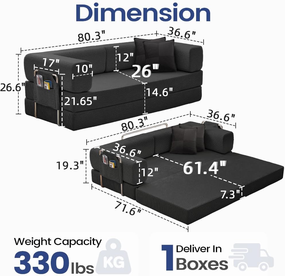 GEARIVY Folding Sofa Bed Convertable Corduroy Couch King Size Floor Sleeper 4-in-1 DIY Combination Modular Sofa Fold Out Futon Lounge Comfy Foldable Lazy cama for Living Room (Black, 80.3 inch Sofa)