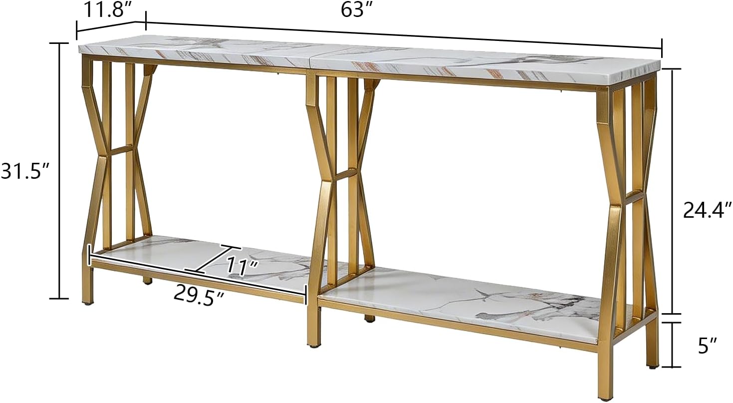 HOMISSUE Sofa Console Table, 63' Extra Long Sofa Table with 2-Tier Storage, Industrial Narrow Console Tables Behind Couch, Hallway Table for Entryway, Living Room，Gold
