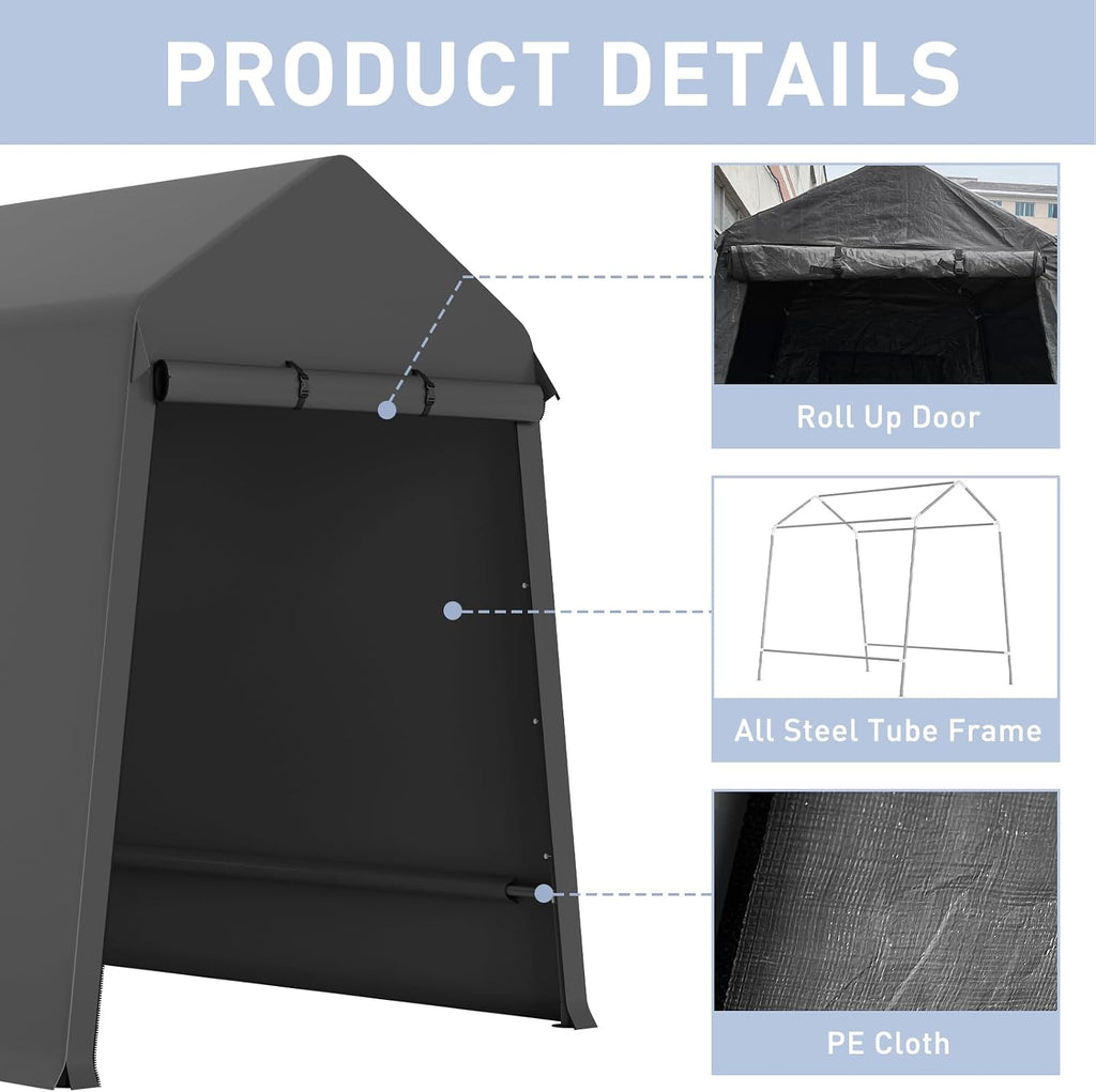 6 X 8 Ft Carport Portable Storage Shed Outdoor Tarp Sheds with Roll-Up Door, Bike Shed Storage Tent for Motorcycle, Garden Tools