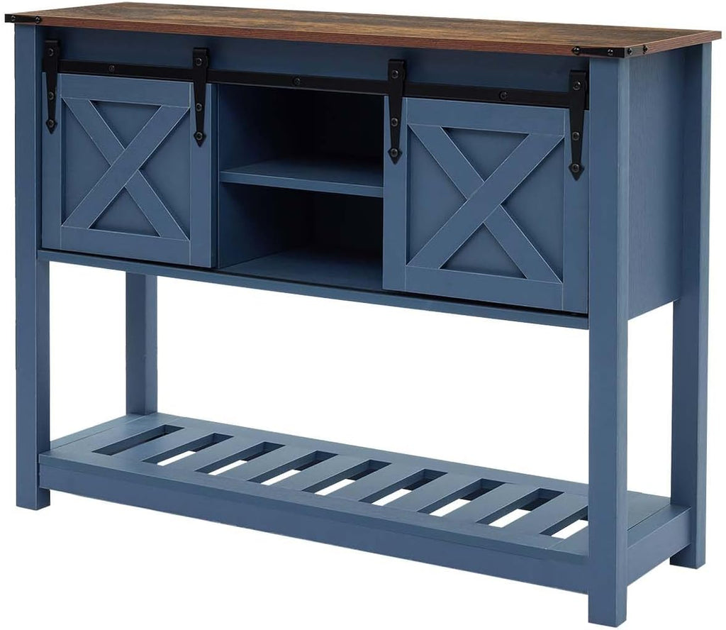 Blue Farmhouse Entryway Table, Rustic Hallway Table with Storage Shelf, Sofa Table with Sliding Barn Doors for Hallway, Entryway, Living Room, Foyer
