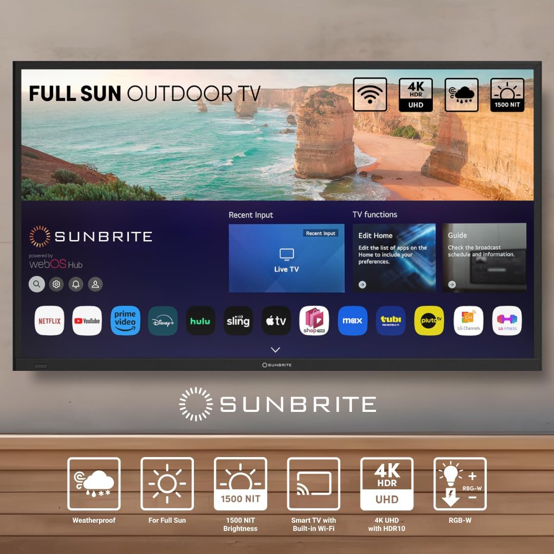 SunBrite 55' Solis Smart Outdoor Television, Full-Sun 4K TV, 1500-Nit Brightness, Anti-Glare Screen, IP55 Weatherproof, Wi-Fi Bluetooth, Integrated Speakers SB-FS-55-BL