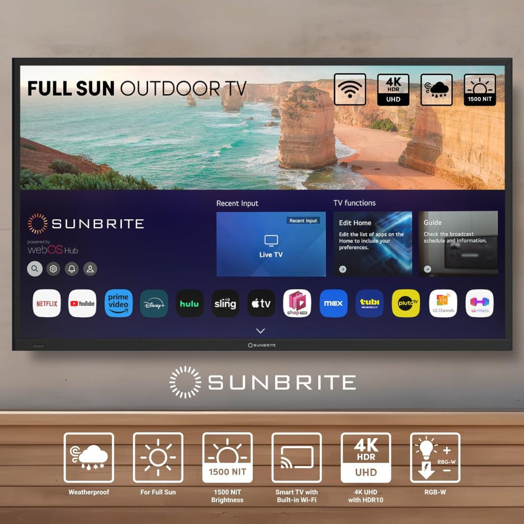 SunBrite 49' Solis Smart Outdoor Television, Full-Sun 4K TV, 1500-Nit Brightness, Anti-Glare Screen, IP55 Weatherproof, Wi-Fi Bluetooth, Integrated Speakers SB-FS-49-BL