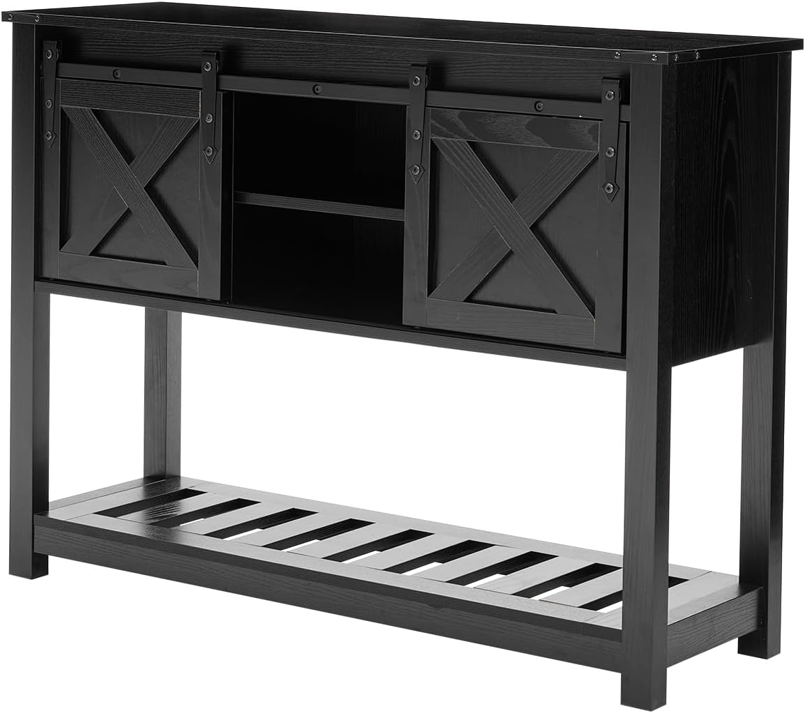Black Farmhouse Entryway Table, Rustic Hallway Table with Storage Shelf, Sofa Table with Sliding Barn Doors for Hallway, Entryway, Living Room, Foyer