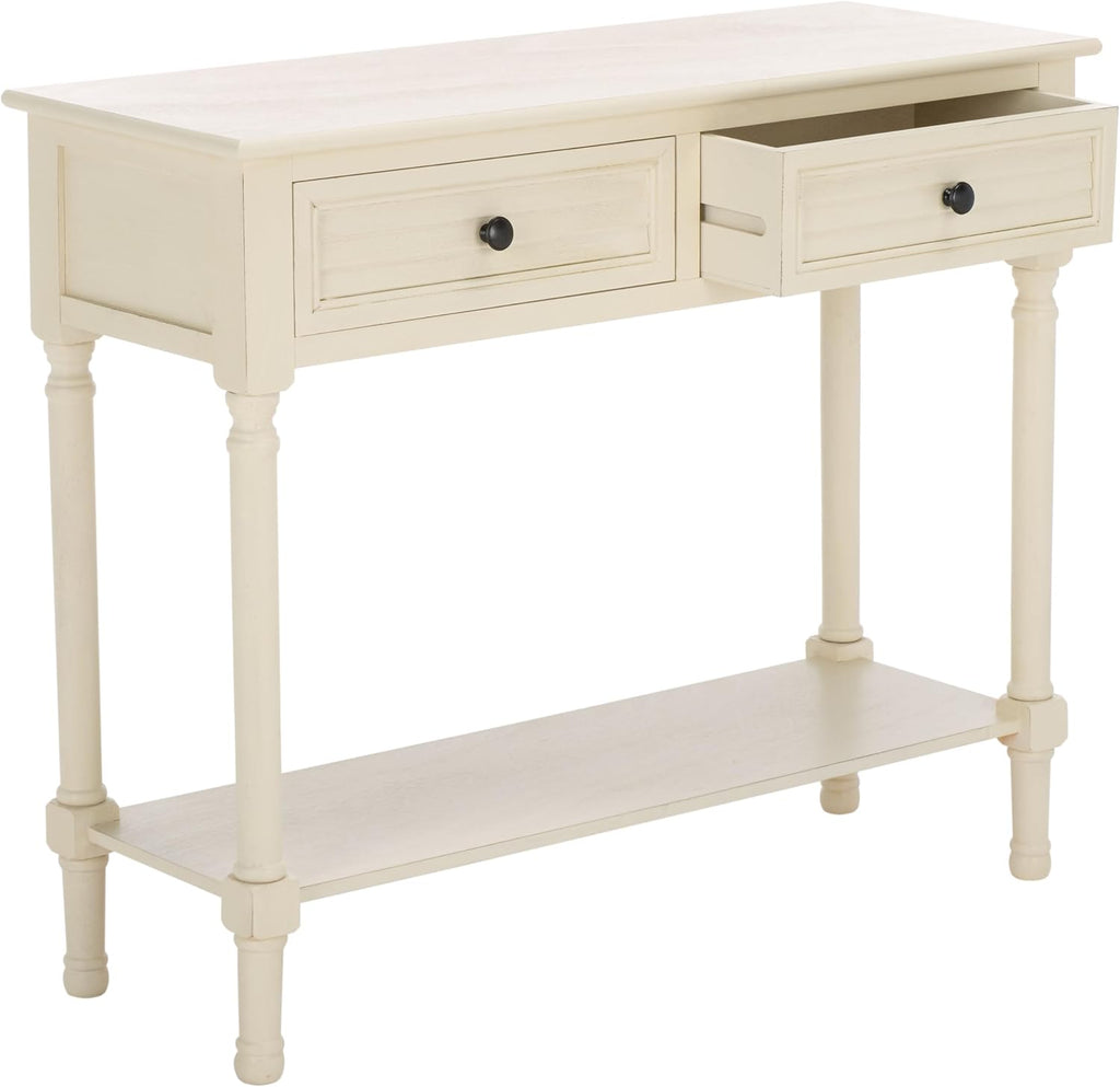 SAFAVIEH Home Collection – Tate Distressed White 2-Drawer Console Table with Shelf, Turned Leg Farmhouse Accent Console for Entryway or Living Room (CNS5720A)