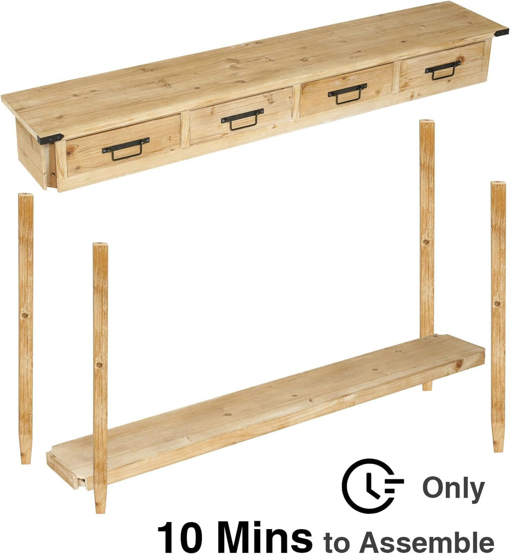 RUSTOWN Farmhouse Console Table with 4 Drawer, 60' Long Rustic Entryway Table with Open Storage Shelves and Handmade Metal Handle, Narrow Foyer Sofa Table for Living Room, Entryway, Hallway(Natural)