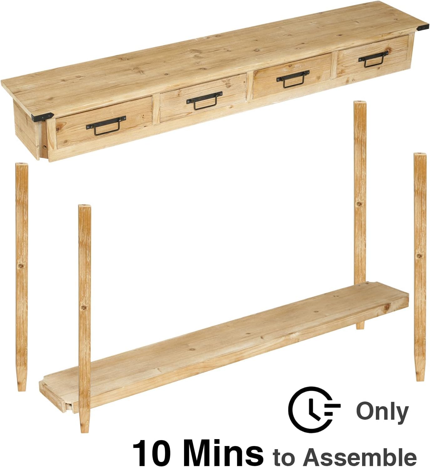 RUSTOWN Farmhouse Console Table with 4 Drawer, 60' Long Rustic Entryway Table with Open Storage Shelves and Handmade Metal Handle, Narrow Foyer Sofa Table for Living Room, Entryway, Hallway(Natural)
