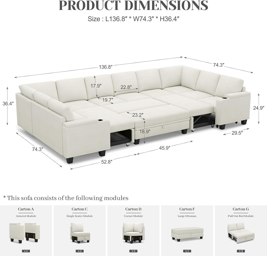 Belffin Large Modular Sectional Sleeper Sofa with Pull Out Bed Oversized U Shaped Sectional Couches for Living Room. White Couch