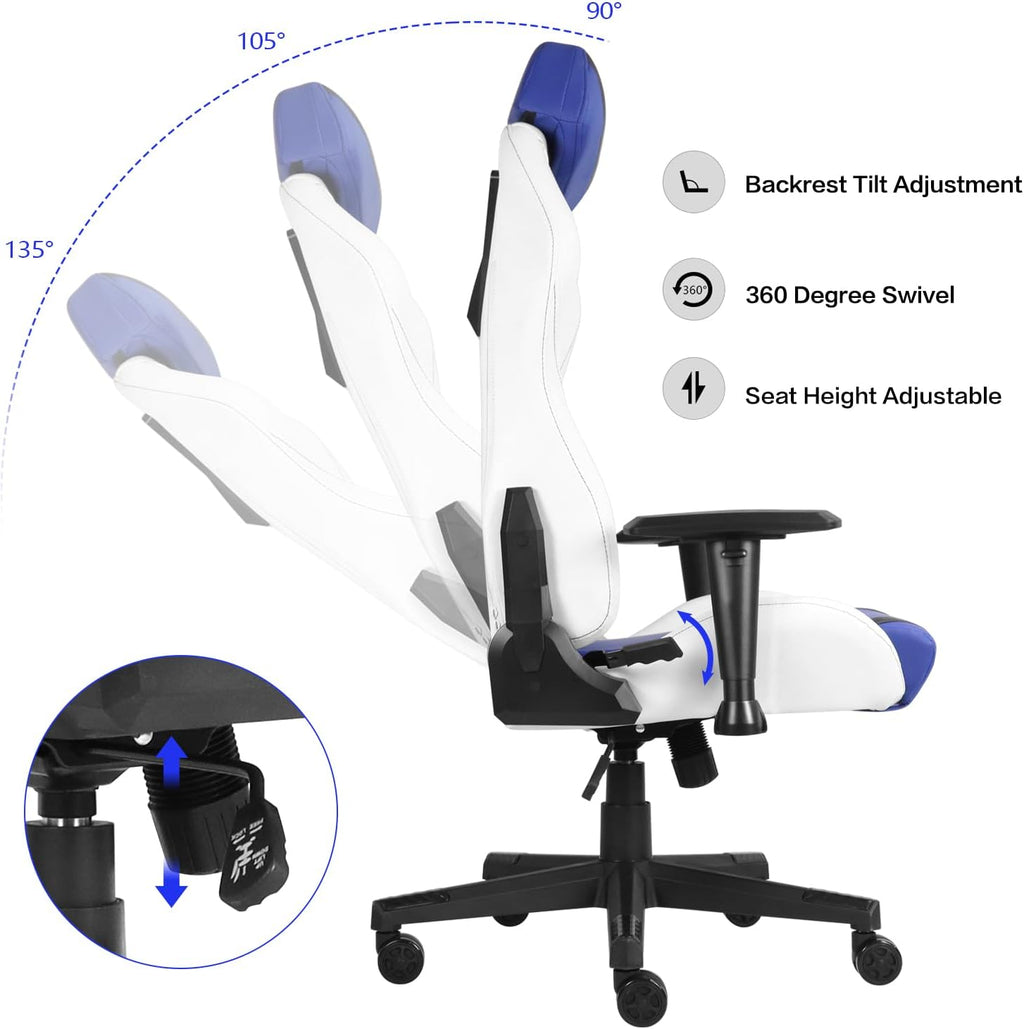Modern-Depo Ergonomic Gaming Chairs for Adults with High-Density Memory Foam | Swivel Comfortable Office Chair, Big and Tall Video Game Chair, High Back Computer Chair for Home, Office, Blue White