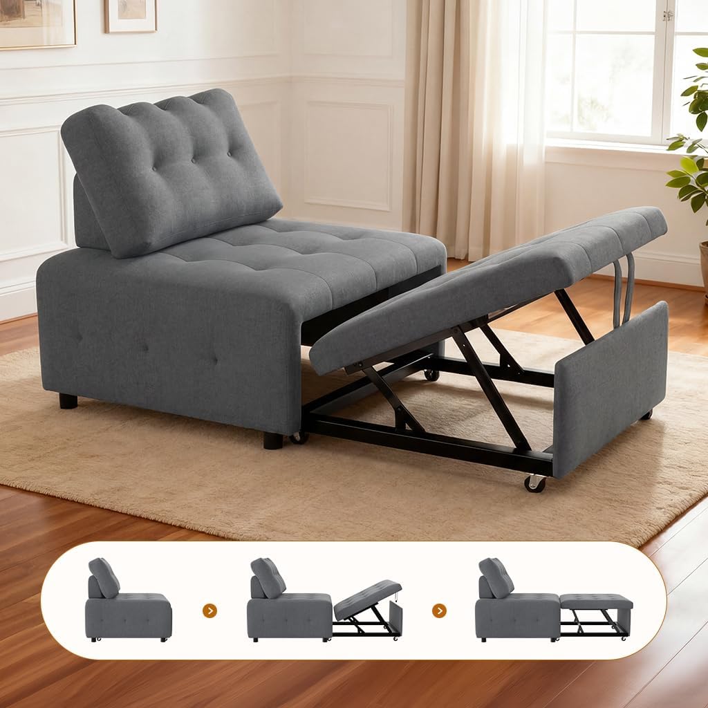 CMOHOMA Sleeper Sofa Bed,Convertible Pull Out Couch with Adjustable Backrest,Linen Chaise Lounge Chair,Sectional Couches for Living Room,Bedroom,Apartmen,Gray