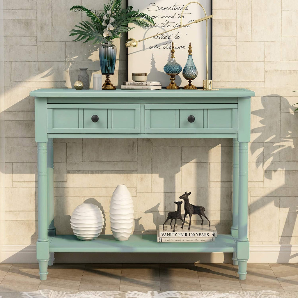 Knocbel Antique Entry Console Table with Drawers & Bottom Open Shelf, Wood Sofa Tables for Entryway Hallway Living Room, 35.43' W x 13.8' D x 30.25' H, Retro Blue