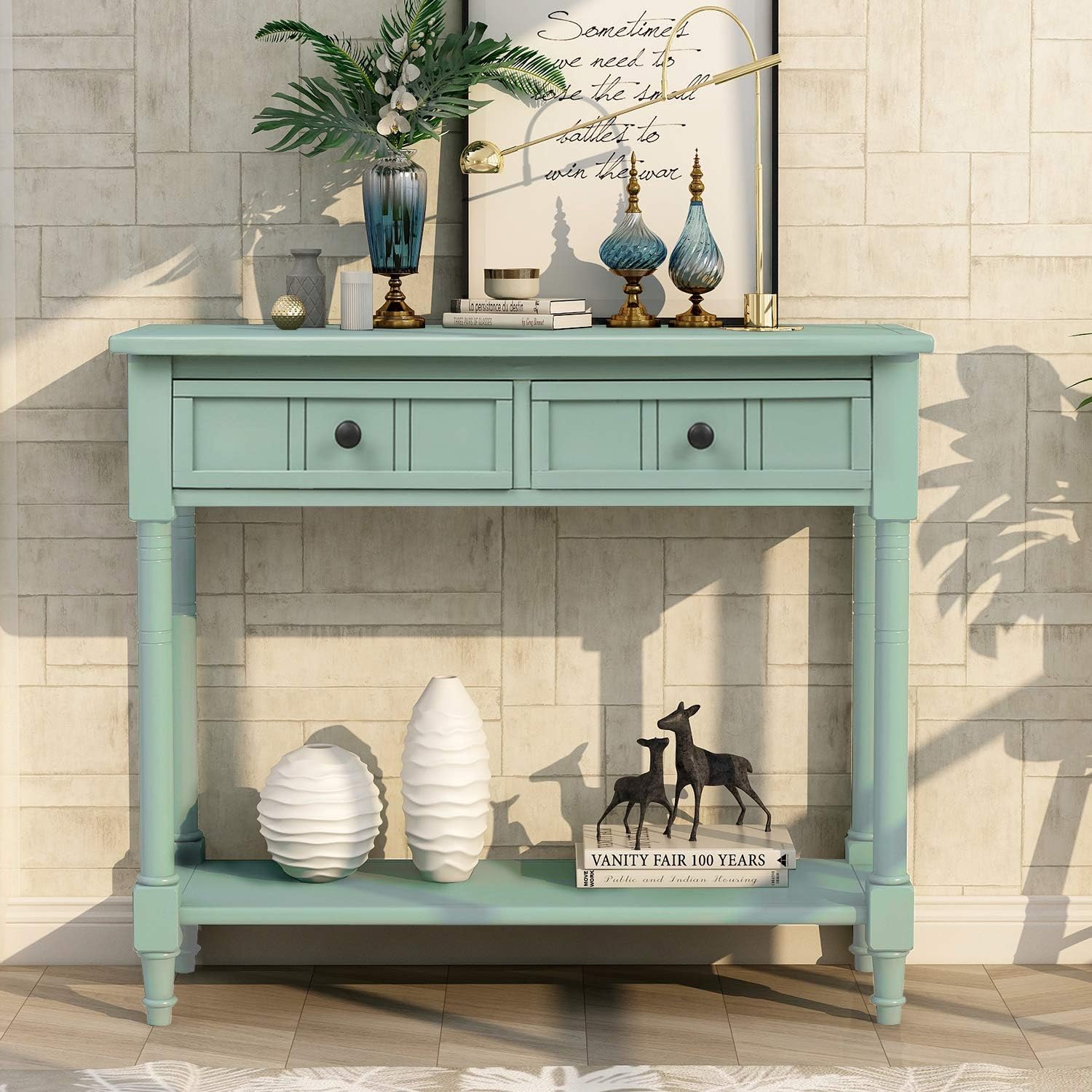 Knocbel Antique Entry Console Table with Drawers & Bottom Open Shelf, Wood Sofa Tables for Entryway Hallway Living Room, 35.43' W x 13.8' D x 30.25' H, Retro Blue