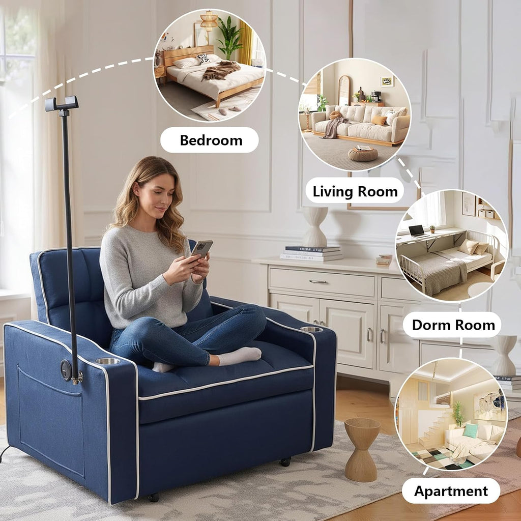 Majnesvon Modern Velvet Fabric Sofa Bed Futon,3 in 1 Convertible Pullout Bed Couches with 3 Reclining Backrests,Phone Stand,Small Sofa Single Sleeper Chair Bed for Living Room Bedroom (Blue)