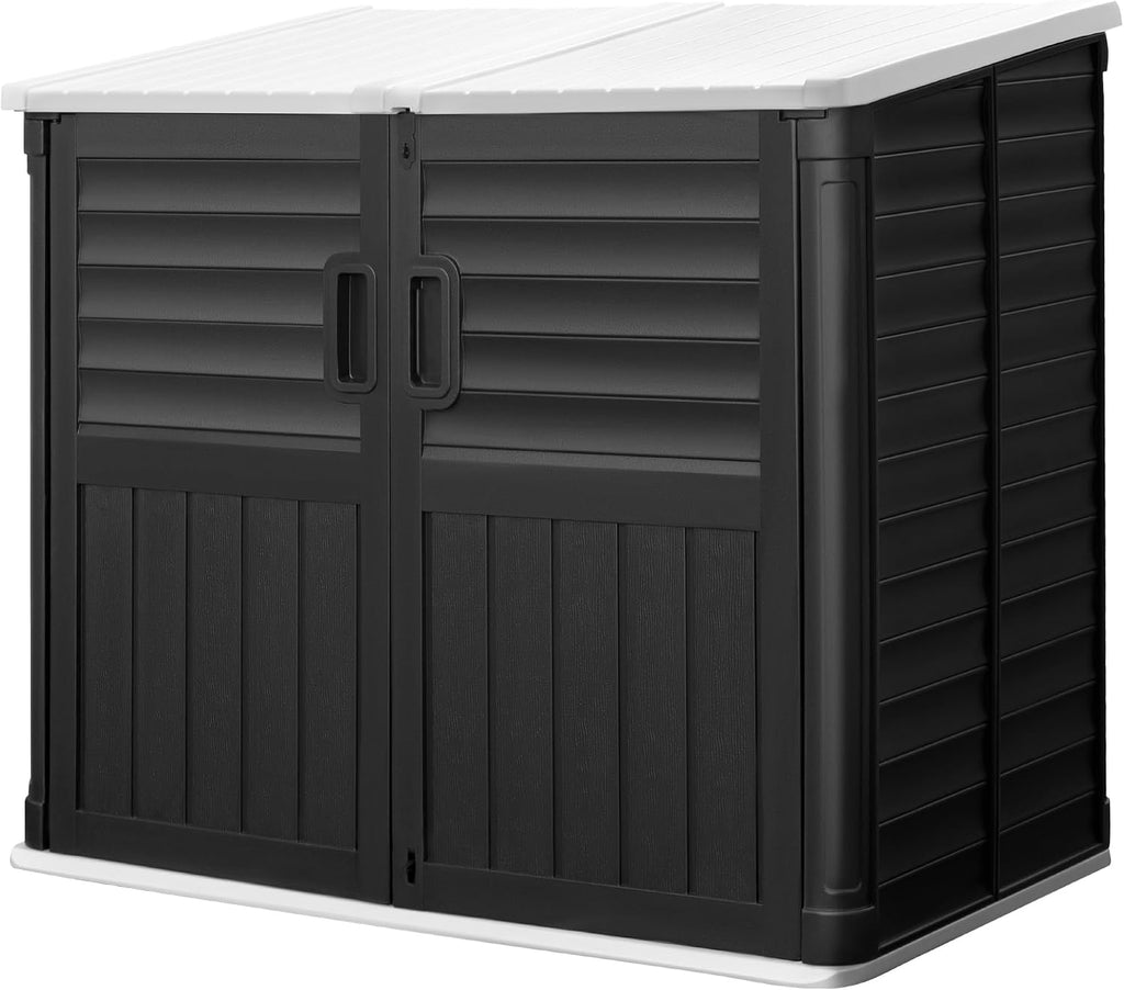 Greesum Outdoor Trash Can Storage Shed, 34 Cu.ft Waterproof Horizontal Storage Shed, Portable Horizontal Resin Storage Shed for Garden, Backyard, Patio, Dark Black