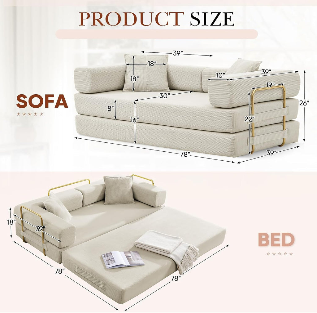 Antetek Modular Couch Bed, Convertible Folding Plush Corduroy Comfy Floor Memory Foam Compression Loveseat Sleeper Sofa Couch, King Size Bed for Guest Room Living Room Bedroom, No Assembly, Cream