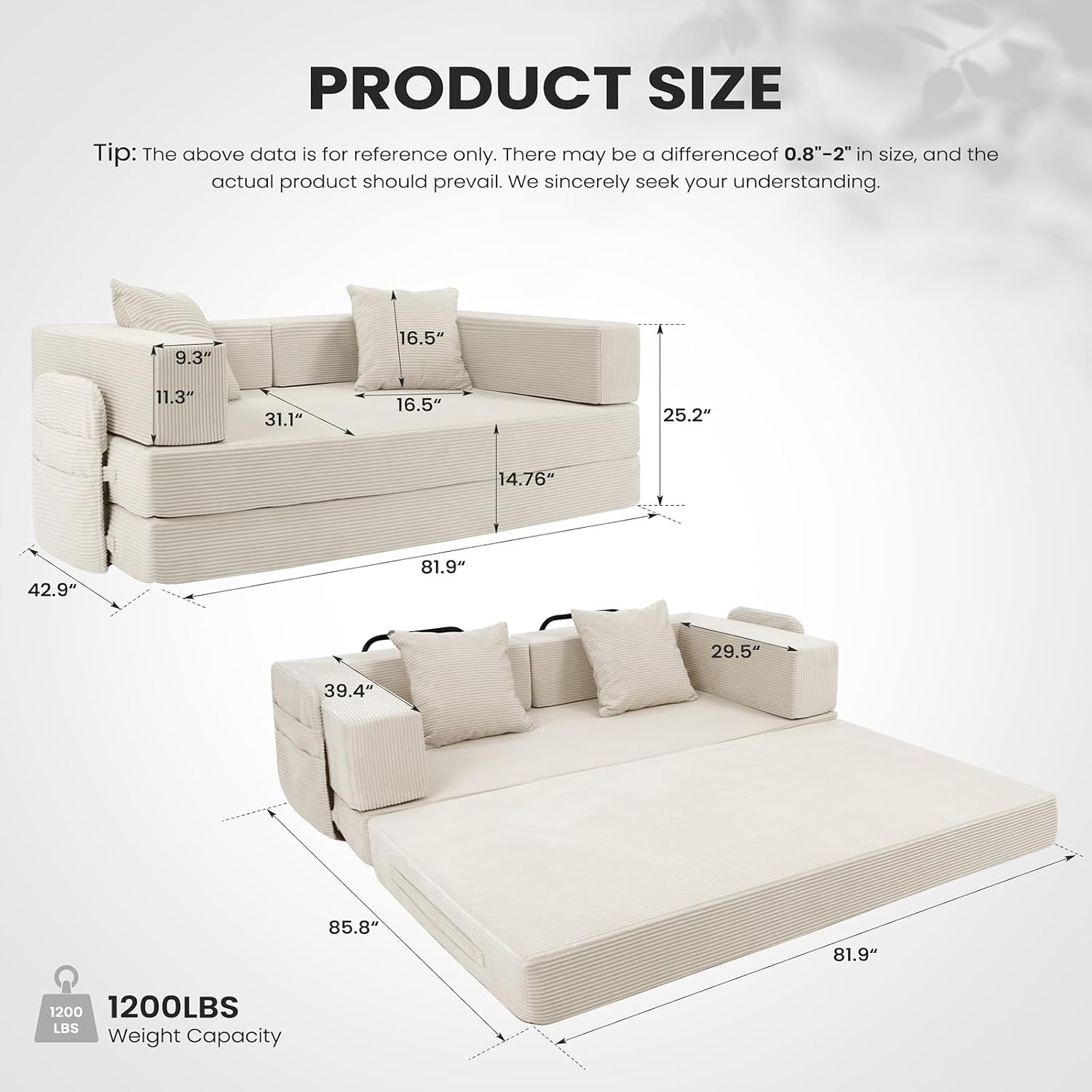 5‑in‑1 Futon Sofa Bed Queen – Floor Foldable Convertible Sofa Couch with L‑Shaped Armrests, Removable Cover, White Convertible Guest Bed | Space‑Saving Fold‑Out Mattress Lounge for Living Room/Bedroom