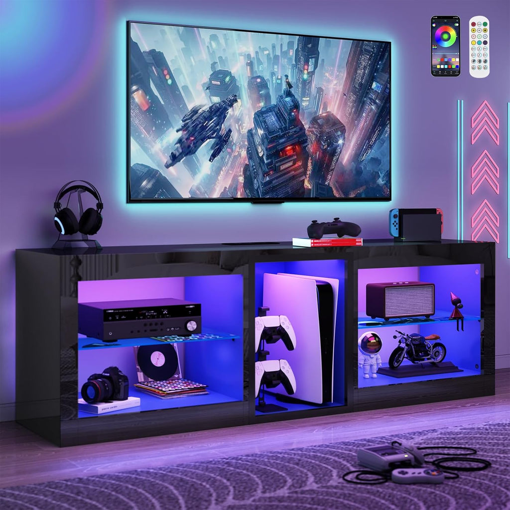 chartustriable LED TV Stands W/Power Outlet for 65 70Inch TV,63' Modern Entertainment Center W/7000-Colors Light for P S 5,High Gloss TV Console w/Adjustable Shelves for Living Room Gameroom(Black)
