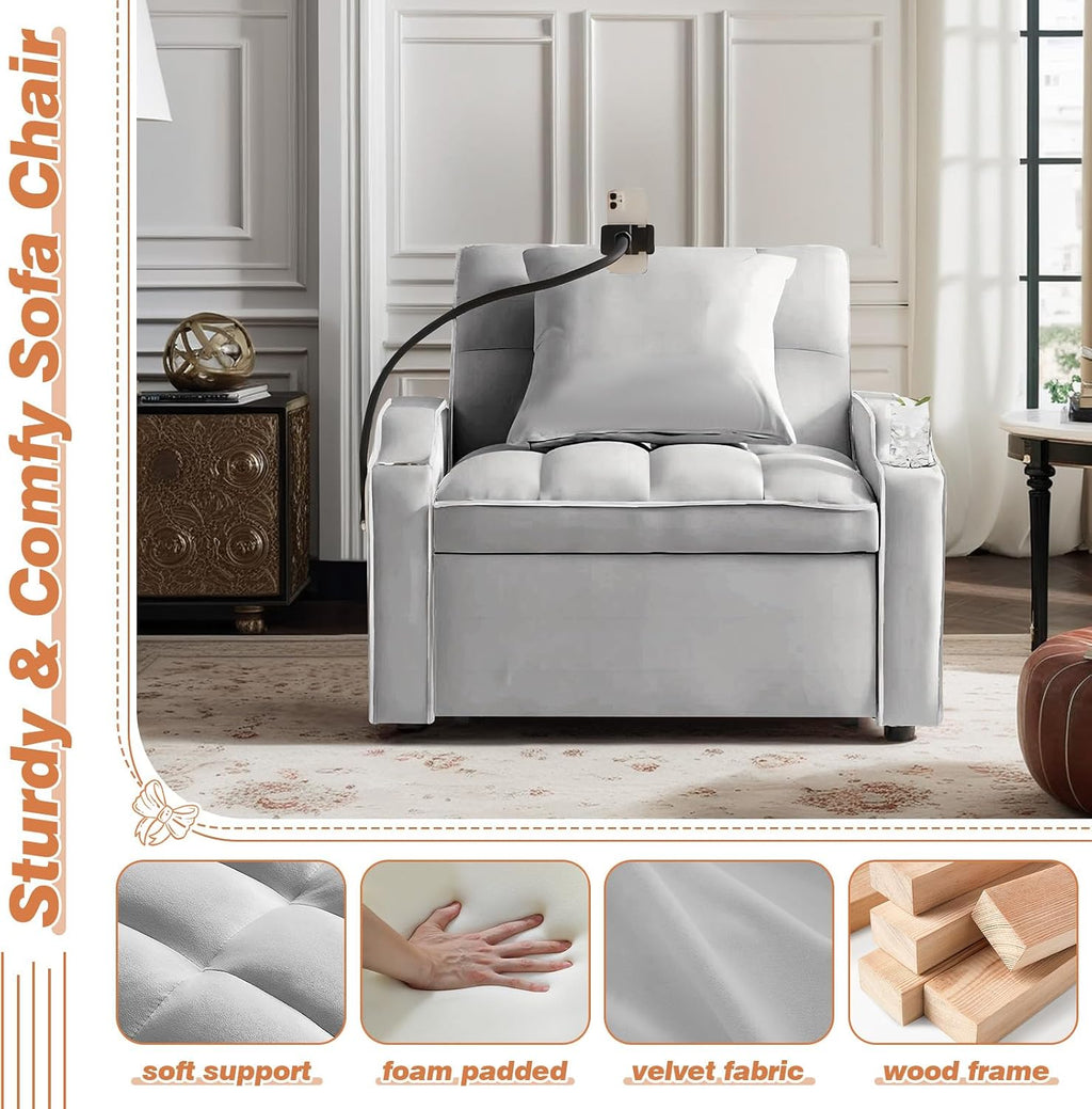 Antetek Sleeper Sofa Chair Bed with Charging Ports & Phone Holder & Cup Holder, Modern Velvet 3 in 1 Convertible Pull Out Single Sofa Chair Bed for Small Spaces Apartment, Light Grey