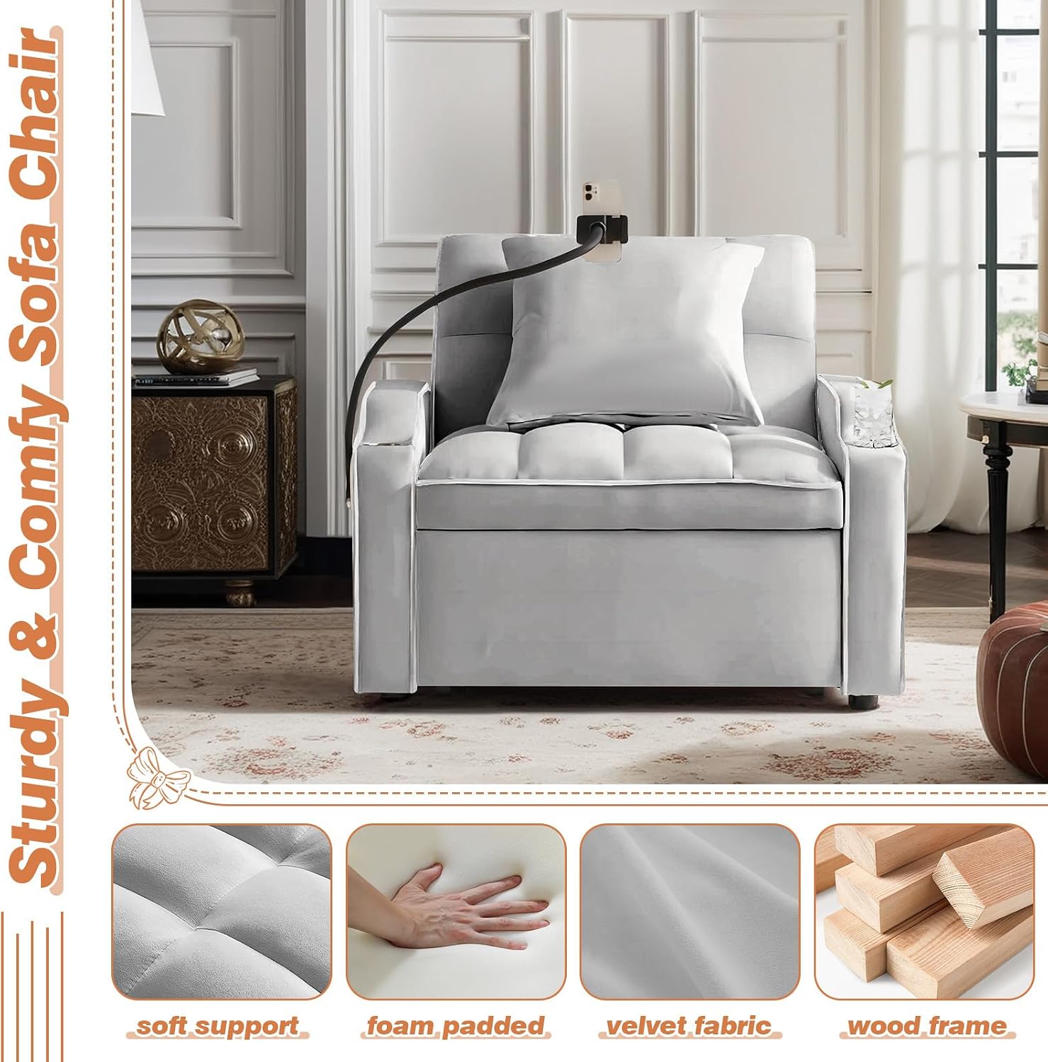 Antetek Sleeper Sofa Chair Bed with Charging Ports & Phone Holder & Cup Holder, Modern Velvet 3 in 1 Convertible Pull Out Single Sofa Chair Bed for Small Spaces Apartment, Light Grey