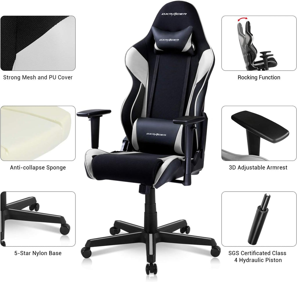 DXRacer M Gaming Chair, Suede Fabirc High Back Computer Chair for Adults, Big and Tall Racing Style Ergonomics PC Office Recliner Game Chair, Extra Large, Black and White