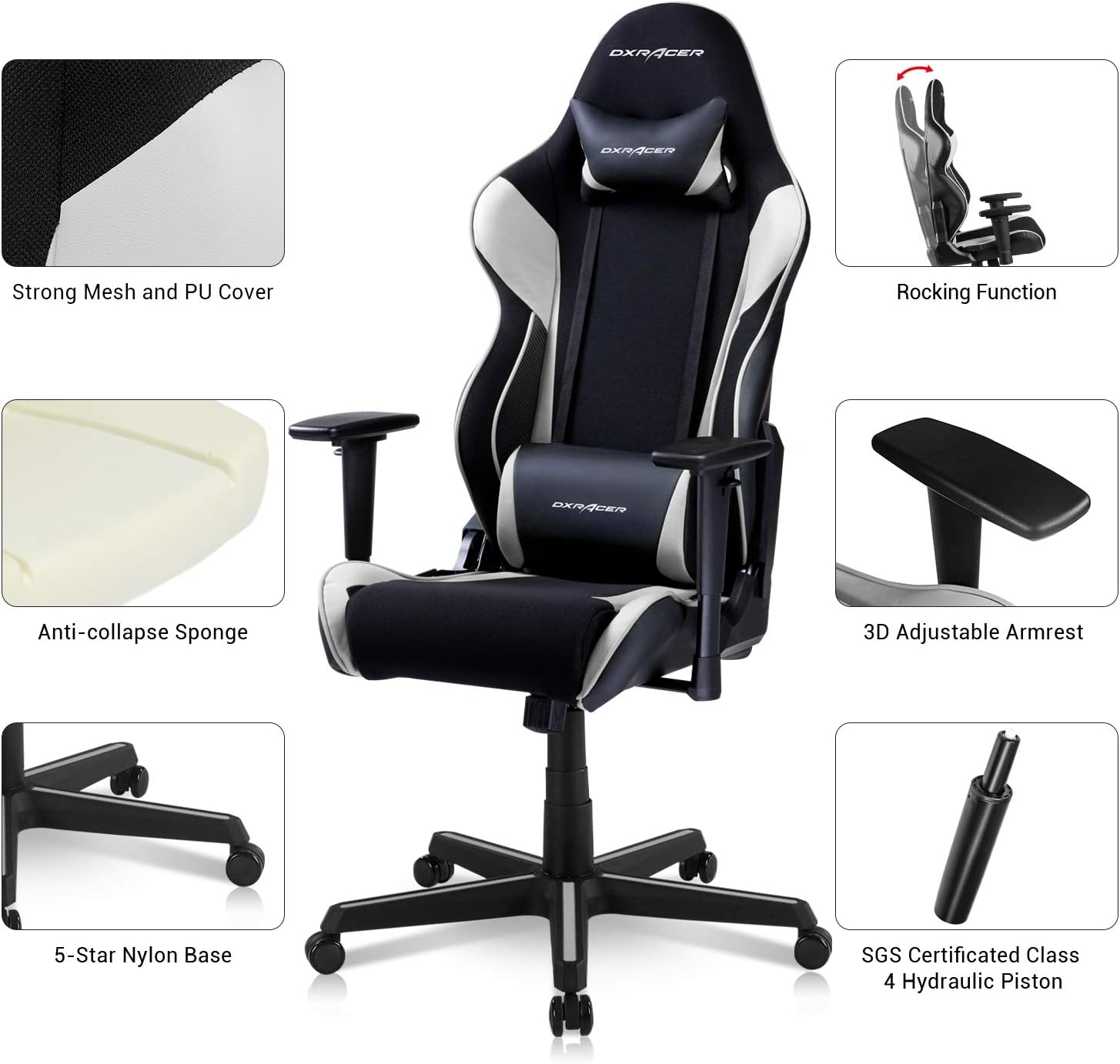 DXRacer M Gaming Chair, Suede Fabirc High Back Computer Chair for Adults, Big and Tall Racing Style Ergonomics PC Office Recliner Game Chair, Extra Large, Black and White