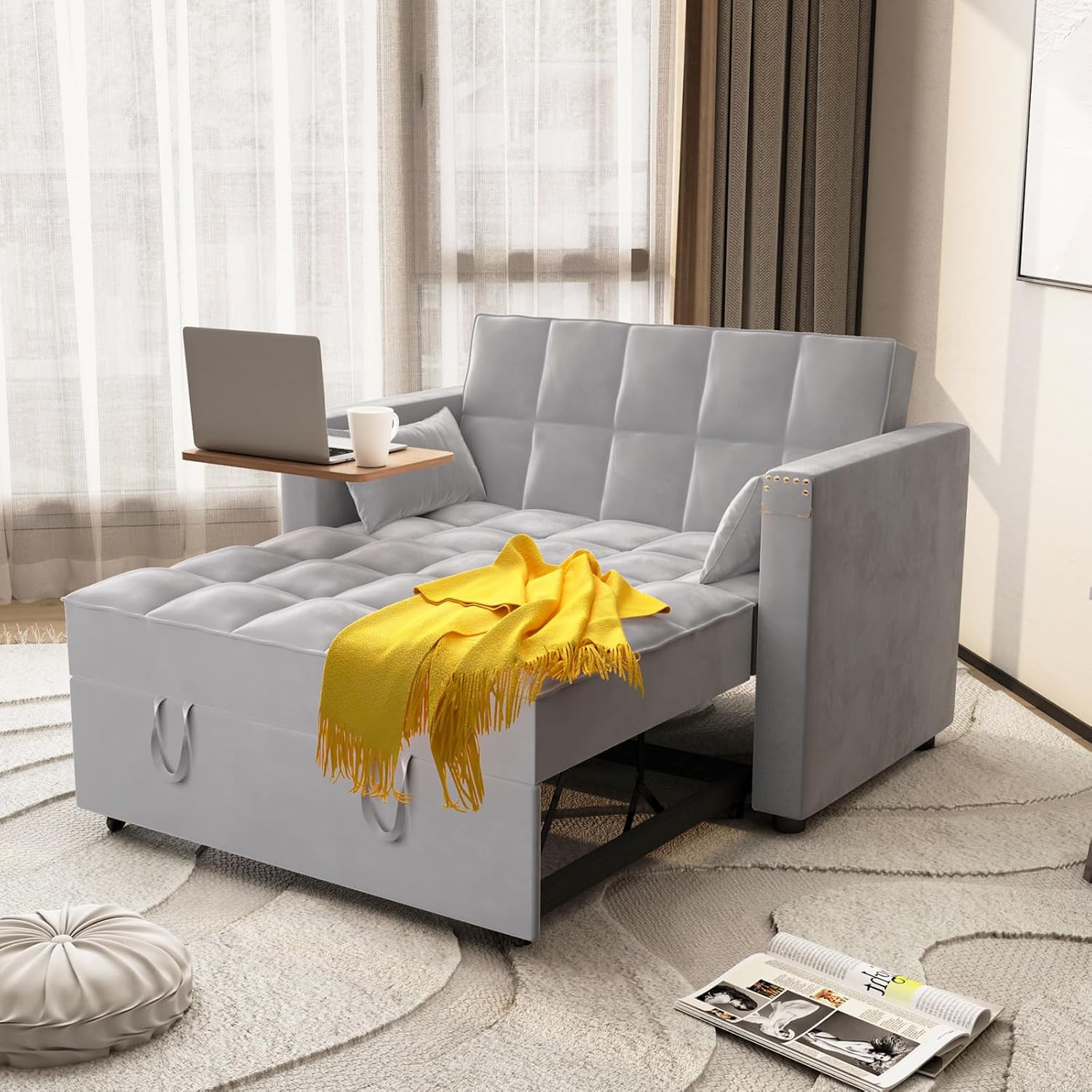 weselon Velvet Convertible 3 in 1 Sleeper Sofa Bed, Small Upholstered Loveseat Pull Out Couch, Multi-Functional Sleeper Futon with Hidden Table and Adjustable Backrest for Living Room (Gray)
