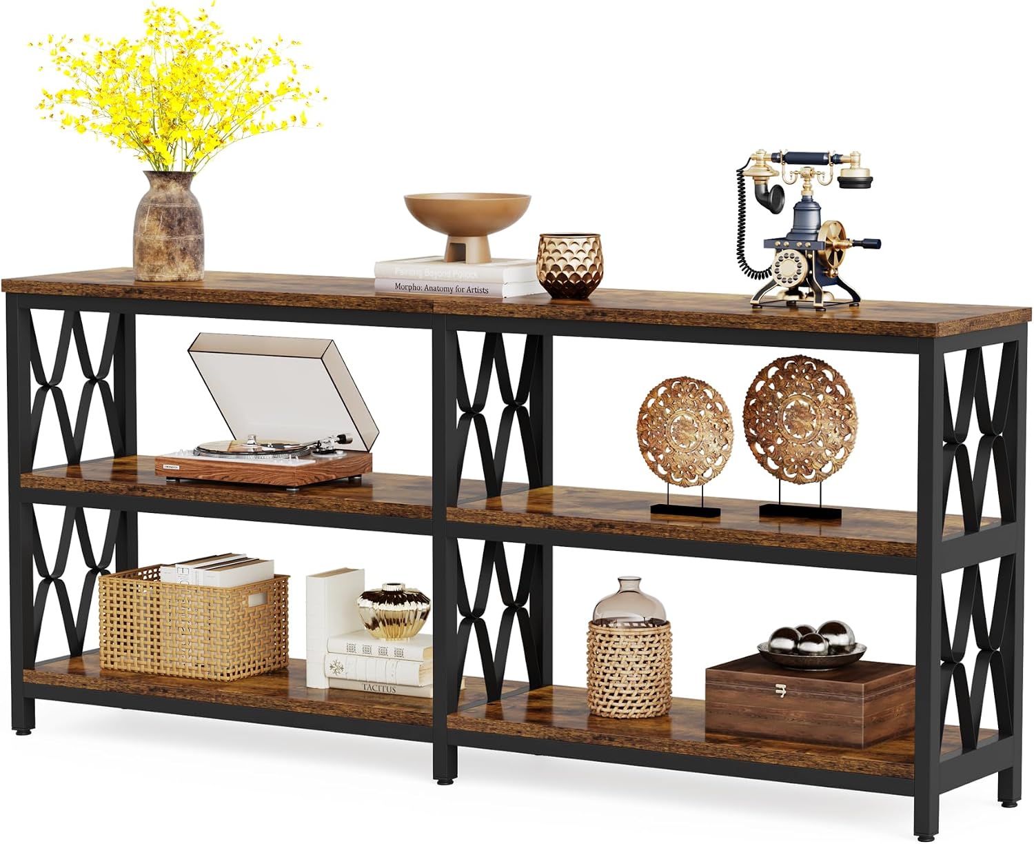 Tribesigns 71' Long Sofa Table with Storage Shelves, Industrial 3-Tier Console Table for Living Room, Entryway Table for Hallway, Front Door, Entrance, Foyer, Rustic Brown & Black