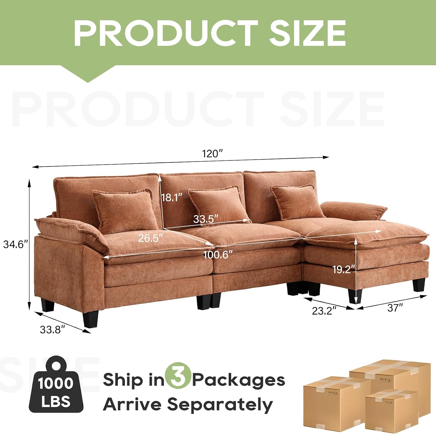 Oprisen 120' Modular Sectional Sofa, Comfy Cloud Couch Sectional Sofa with Ottoman, Chenille Sofa Sleeper Deep Seat Sofa with Throw Pillows for Living Room (Orange, 120'- L Shape)