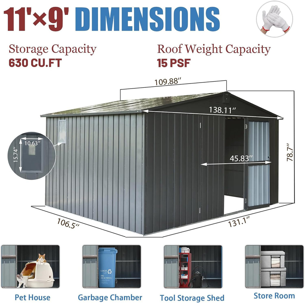 11x9FT Outdoor Storage Shed, with Sloping Roof Galvanized, Latches and Lockable Door, Steel Frame Garden Shed Metal Utility Tool Storage Room for Balcony