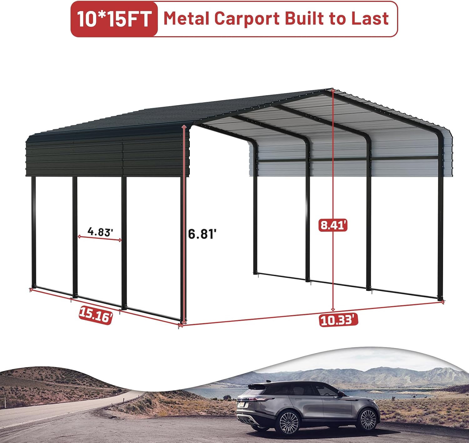 NUGRIART Metal Carport 10 x 15 FT with Heavy Duty Frame & Galvanized Steel Roof, Metal Car Garage, Sturdy Canopy Shelter for Car, Truck, Pickup, SUV, Tractor, and Boat