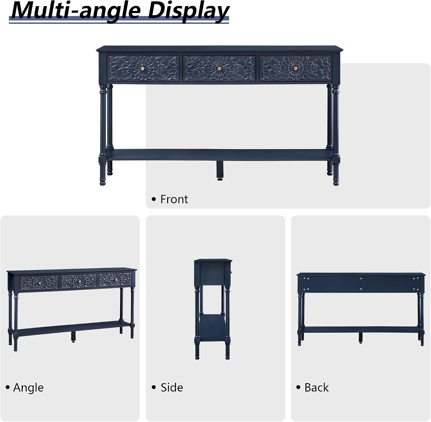 weselon 55.5' Carved Console Table with 3 Drawers, 2-Tier Sofa Table with Glossy Floral Surface and Solid Wood Legs, Mid-Century Modern Entryway Table for Living Room Hallway (Midnight Blue)