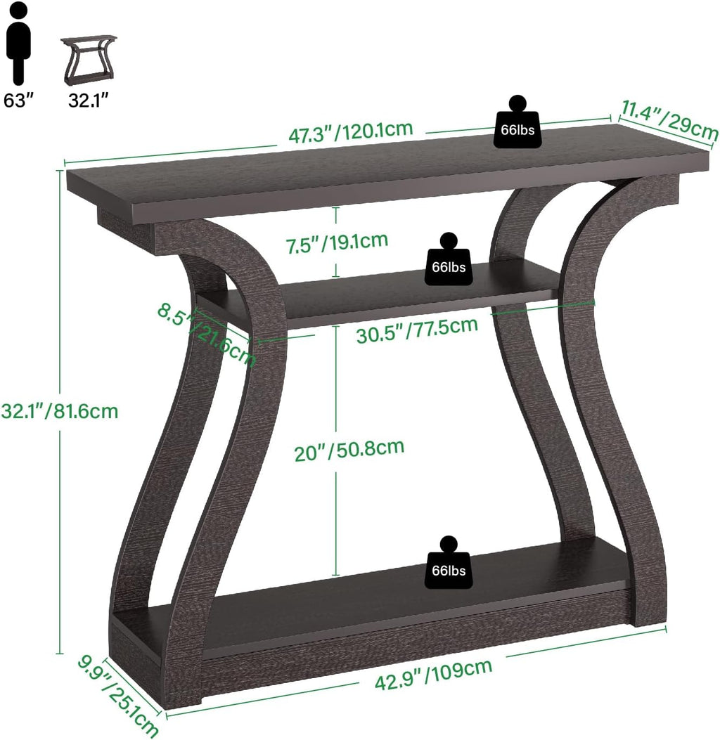 47' Wood Console Table for Entryway, Narrow Sofa Table with 3-Tier Shelves, Curved Legs Farmhouse Hallway Table, Skinny Console Table Behind Couch, Rustic Wooden Entry Table for Living Room (Brown)
