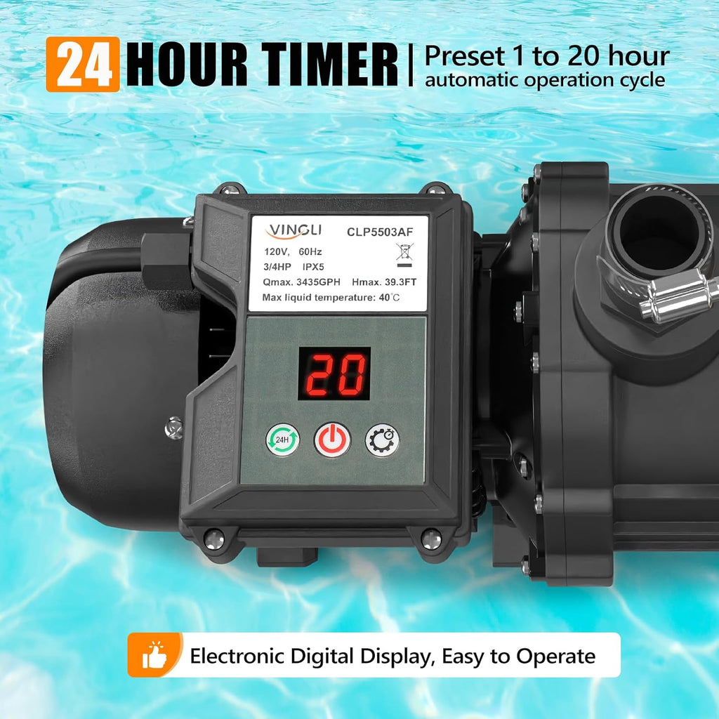 (24H Timer) VINGLI 10 in Sand Filter Pump with Filter Balls, 1189 GPH 1/3 HP High Flow Pool Pump with 7-Way Valve for Above Ground Swimming Pools Up to 6600 Gallons