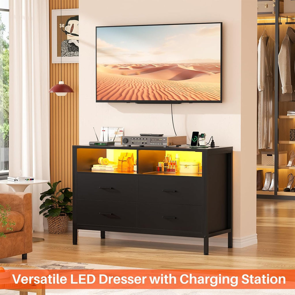 TV Stand Dresser with Power Outlets and LED Lights, 4 Wood Drawers Dresser, Entertainment Center with 2 Open Storage Shelf, Media Console Table for 50 43 Inch TV, Black