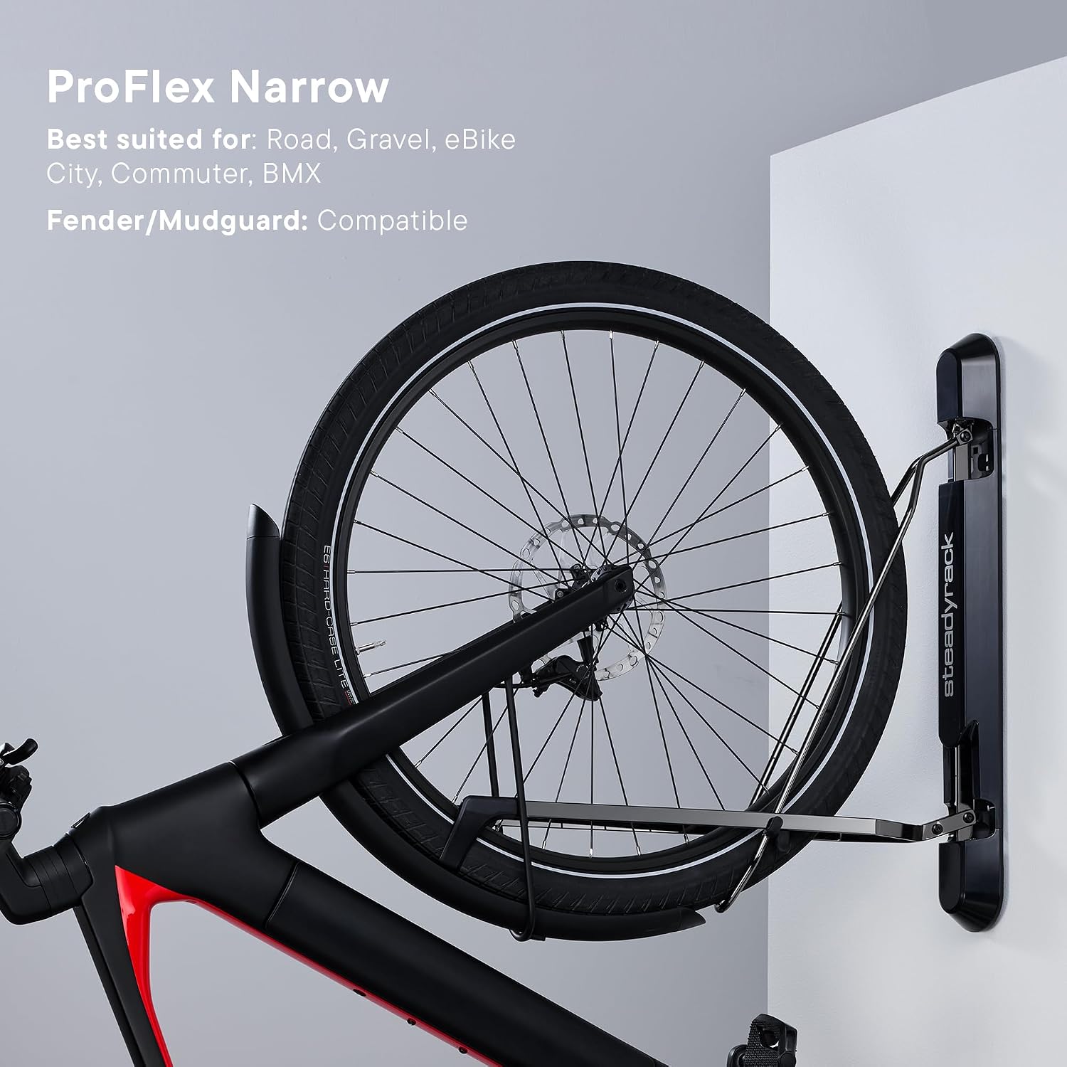 Steadyrack ProFlex Narrow Bike Rack - Vertical Wall Mount Bike Storage for Home - Roll-In Roll-Out System - Space-Saving Pivot - Fits Road, BMX, Gravel, Fender - Includes GearMate SteadySpine - 2 Pack