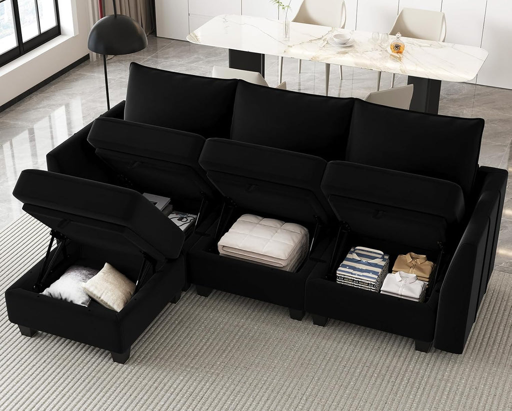 Belffin Convertible Sectional Sofa with Chaise Velvet L Shaped Sofa Couch Modular Sectional Sofa with Storage Black