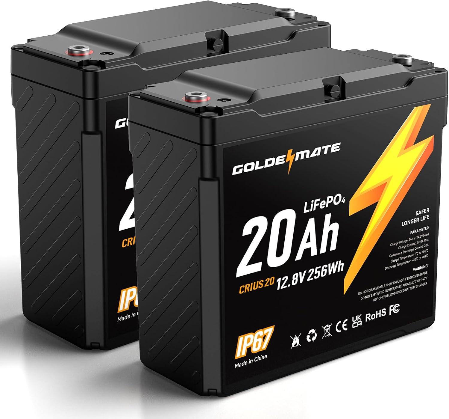GOLDENMATE 12V 20Ah LiFePO4 Battery(2 Packs), IP67 Waterproof, 12V Lithium Battery with 5000+ Deep Cycles, Built-in BMS & Premium Battery Cells, Ideal for Solar, Marine, Fishfinder, Off-grid camping