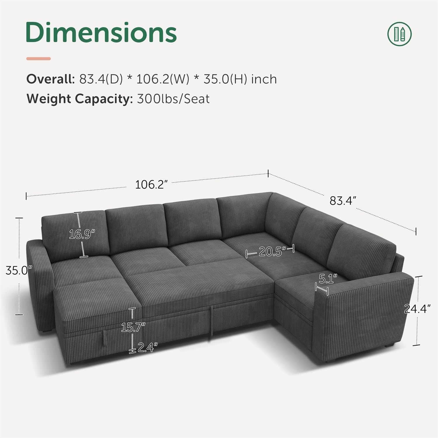 HONBAY Modular Sectional Couch with Pull Out Bed, Corduroy Sleeper Sofa with Storage Ottoman, U Shaped Sectional Couches for Living Room, Dark Grey