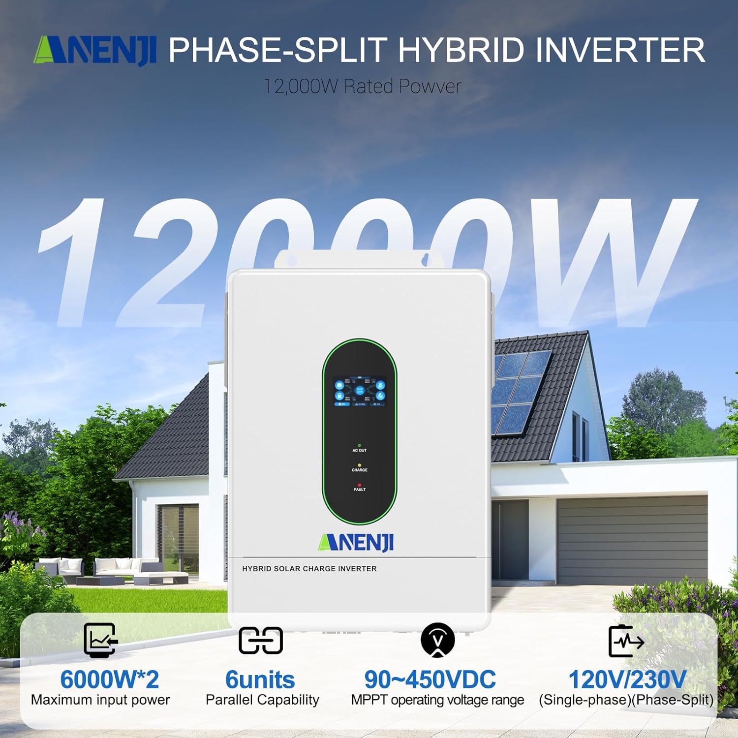 12000W Solar Hybrid Inverter 48V DC to 120V/240V AC Single Phase Split Phase Power Inverter, Pure Sine Wave, Built-in 2 MPPT Controller, Max. 220A Battery Charging, Parallel 6 Units, UL1741