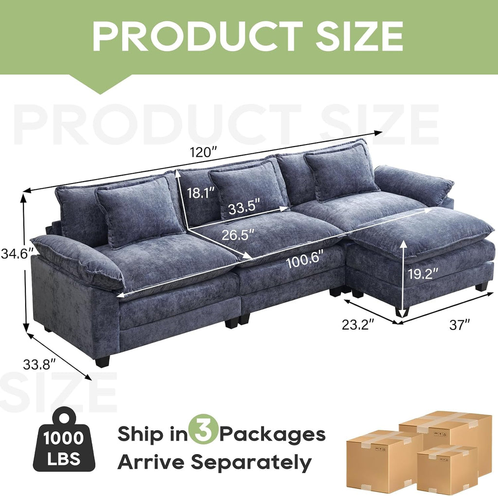 Oprisen 120' Modular Sectional Sofa, Comfy Cloud Couch Sectional Sofa with Ottoman, Chenille Sofa Sleeper Deep Seat Sofa with Throw Pillows for Living Room (Blue, 120'- L Shape)