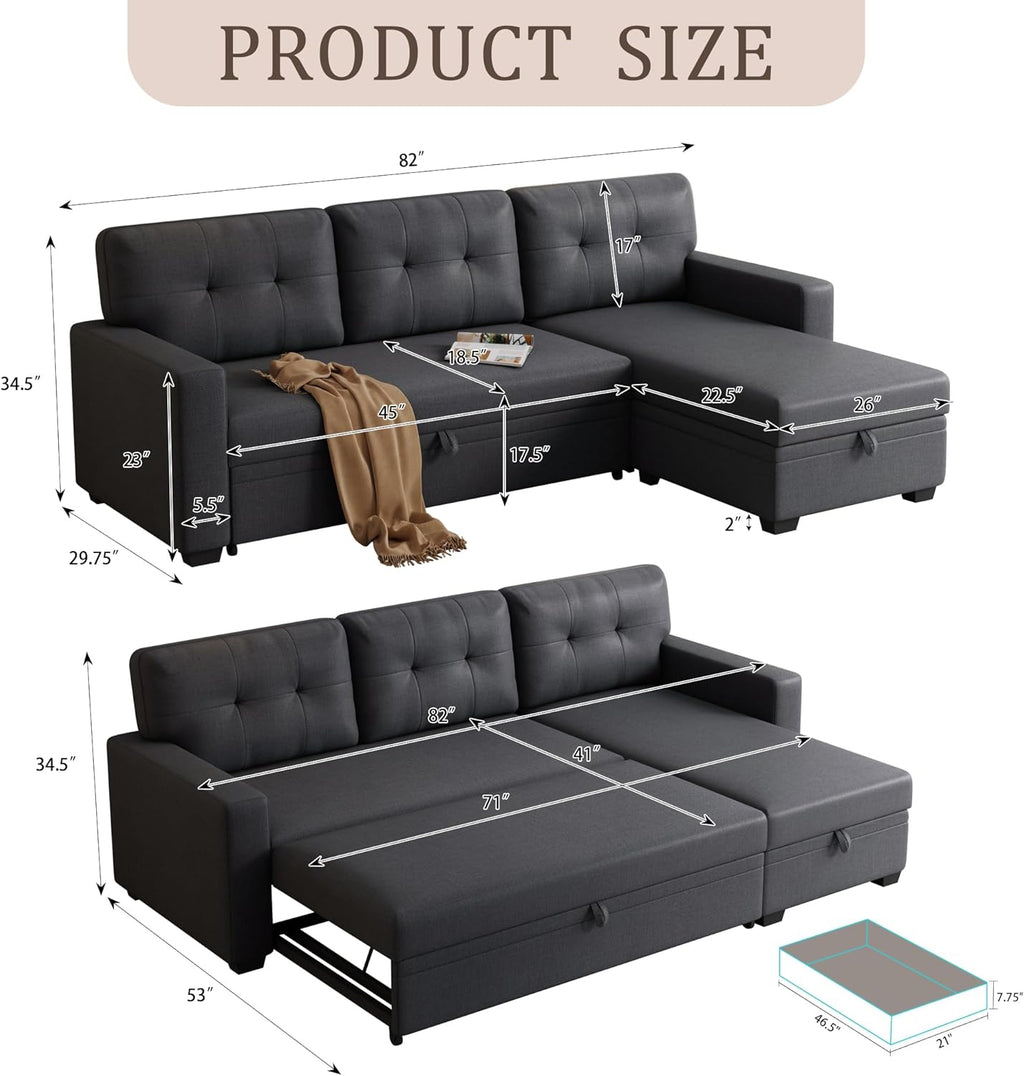 82' L-Shape Convertible Sleeper Sectional Sofa with Storage Chaise and Pull-Out Bed,Modular Corner Couch Lounge,w/Removable 3 Back Cushions and Armrest,for Home Furniture,Dark Gray