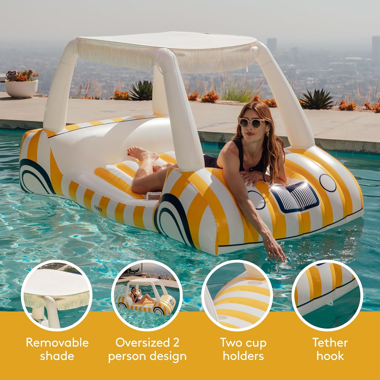 FUNBOY Yellow & White Cabana Striped Golf Cart Pool Float 90' Long, Two Cup Holders, Removable Fringe Shade, Float for Summer Pool Party and Entertainment