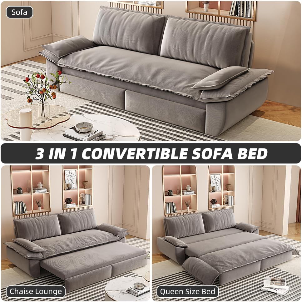 73.2' Sleeper Sofa Bed Queen Size, 3-in-1 Convertible Couch, Modern Pull Out Couches, Comfy Velvet Futon Sofa, Cloud Loveseat Lounge, Pillow Arm for Small Spaces, Living Room, Apartment, Grey