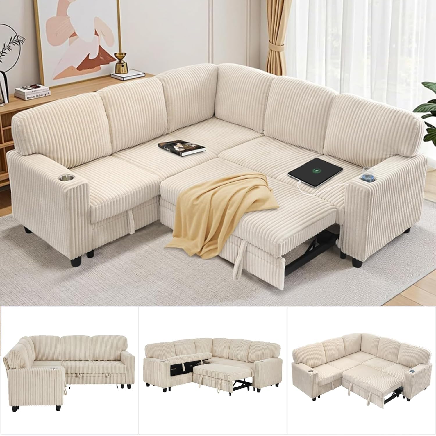 81' Modular Sectional Sofa, L Shaped 5-Seater Sleeper Sofa with Pull Out Bed, Hidden Storage, Cup Holders & USB Charging Ports, Sectional Couches for Living Room, Corduroy, Beige